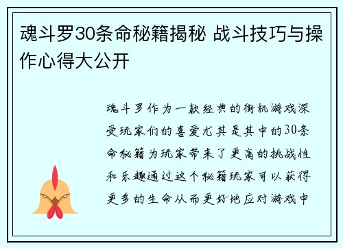 魂斗罗30条命秘籍揭秘 战斗技巧与操作心得大公开